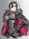  armor breasts cape fate/grand_order fate_(series) fur_trim gauntlets grin hand_on_hip helmet highres jeanne_d'arc_(alter)_(fate) jeanne_d'arc_(fate)_(all) kumiko_shiba large_breasts looking_at_viewer smile solo white_hair yellow_eyes 