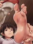  1girl barefoot brown_eyes brown_hair feet long_hair low_twintails maku_(l-u) parted_lips pov pov_feet shoes_removed socks_removed soles toes uwabaki 
