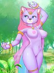  2018 anthro around_the_world_with_willy_fog blue_eyes breasts cat clothing damn_lasso_tool ear_piercing edit feline female fur hood jewelry mammal navel nipples nude_edit panther piercing princess_romy purple_fur pussy solo standing translucent transparent_clothing 