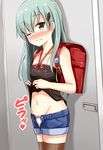  aikawa_ryou alternate_breast_size backpack bag blue_shorts blush brown_hair commentary_request crime_prevention_buzzer eyebrows_visible_through_hair flat_chest green_eyes green_hair grin groin hair_between_eyes heart highres kantai_collection long_hair one_eye_closed panties randoseru shorts smile solo suzuya_(kantai_collection) thighhighs underwear white_panties younger 