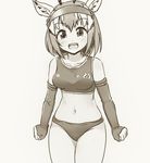  :d animal_ears bangs bare_shoulders buruma commentary_request cowboy_shot elbow_gloves eyebrows_visible_through_hair fingerless_gloves gazelle_ears gazelle_horns gloves grey_background greyscale gym_uniform headband horns kemono_friends legs_together looking_at_viewer monochrome navel open_mouth short_hair simple_background smile solo standing tank_top thomson's_gazelle_(kemono_friends) totokichi 