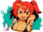  :d bangs breast_rest breasts cleavage commentary cup eyebrows_visible_through_hair hair_bobbles hair_ornament large_breasts looking_at_viewer onozuka_komachi open_mouth red_eyes red_hair setz short_hair smile solo touhou two_side_up wristband 