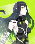  ban bangs bare_shoulders black_hair blunt_bangs breasts commentary_request covered_nipples green_eyes highres long_hair looking_at_viewer maggot_baits medium_breasts pale_skin parted_lips sideboob skin_tight sleeveless solo wilma_the_witch 