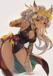  animal_ears blush breasts cat_ears cleavage dark_skin flower granblue_fantasy green_eyes grey_hair hair_flower hair_ornament hand_on_own_thigh highres large_breasts leaning_forward long_hair looking_at_viewer nemone ryuuji_teitoku simple_background solo wading 