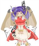  1girl beige_dress blush breath dragon_girl dragon_wings eyebrows_visible_through_hair female fire_emblem fire_emblem:_seima_no_kouseki half-closed_eyes hands_together have_to_pee knees_together_feet_apart long_sleeves matching_hair/eyes myrrh open_mouth purple_eyes purple_hair simple_background solo standing sweat t=k text translation_request trembling v_arms white_background wings 