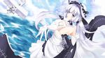  aircraft airplane azur_lane backless_dress backless_outfit bare_shoulders blue_eyes breasts dress gloves hat highres illustrious_(azur_lane) large_breasts long_hair mamizu mole mole_under_eye ocean ribbon sideboob solo white_dress white_gloves white_hair white_hat 