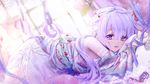  :d azur_lane blush butterfly_hair_ornament dutch_angle elbow_gloves eyebrows_visible_through_hair food_print from_side gloves hair_between_eyes hair_ornament highres lace long_hair looking_at_viewer lying matori_(user_xrdk3278) on_stomach open_mouth own_hands_together purple_eyes purple_hair purple_ribbon ribbon smile solo strawberry_print stuffed_alicorn stuffed_animal stuffed_toy twitter_username unicorn_(azur_lane) very_long_hair white_gloves window 