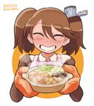  ^_^ apron bangs blush brown_hair brown_sweater closed_eyes collared_shirt commentary_request cropped_torso dated dot_nose eyebrows_visible_through_hair facing_viewer fang food grin hair_between_eyes hands_up happy head_tilt headgear holding holding_food kantai_collection noumiso off_shoulder oven_mitts parted_bangs pink_apron raised_eyebrows ryuujou_(kantai_collection) shirt short_hair short_twintails simple_background smile solo steam sweater swept_bangs teeth twintails twitter_username upper_body white_background wing_collar 