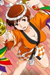  arms_up breasts brown_eyes brown_hair cleavage from_above large_breasts official_art open_mouth short_hair short_sleeves solo standing super_real_mahjong sweatdrop tabi tanaka_ryou toyohara_etsuko 
