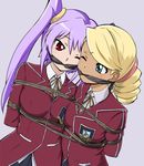  arms_behind_back asymmetrical_docking bangs bdsm blazer blonde_hair blue_eyes bondage bound bound_arms breast_press breasts drill_hair emblem fujiwara_yukino gagged highres jacket large_breasts long_hair medium_breasts mei_kitaki multiple_girls one_eye_closed pleated_skirt purple_background purple_hair red_eyes restrained ribbon school_uniform sharpffffff shibari side-by-side skirt swept_bangs tag_force twin_drills twintails wince yellow_ribbon yuu-gi-ou yuu-gi-ou_5d's yuu-gi-ou_gx_tag_force 