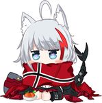  admiral_graf_spee_(azur_lane) ahoge animal_ears azur_lane bailingxiao_jiu bangs black_dress black_footwear black_legwear blue_eyes blush blush_stickers boots bowl cat_ears chibi claws commentary commentary_request covered_mouth dress eyebrows_visible_through_hair flag_print food frilled_dress frills fruit full_body glowing glowing_eye heart heart-shaped_pupils kemonomimi_mode kneehighs looking_at_viewer multicolored_hair print_scarf red_hair red_scarf scarf silver_hair simple_background sitting solo streaked_hair symbol-shaped_pupils tail wariza white_background 
