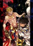  black_hair blonde_hair cape ea_(fate/stay_night) fate/grand_order fate/prototype fate/prototype:_fragments_of_blue_and_silver fate/stay_night fate_(series) gilgamesh highres holding_hands interlocked_fingers male_focus multiple_boys ozymandias_(fate) pvc_parfait red_eyes weapon yellow_eyes 