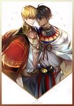  2boys ahoge armor black_hair blonde_hair cape earrings fate/grand_order fate/prototype fate/prototype:_fragments_of_blue_and_silver fate_(series) gilgamesh highres jewelry male_focus multiple_boys necklace ozymandias_(fate) pvc_parfait red_eyes yellow_eyes 