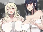  :d :o ^_^ atago_(kantai_collection) black_hair blonde_hair breasts cleavage clenched_hand closed_eyes commentary_request covered_nipples facing_viewer half-closed_eyes hand_up hands_up hatching_(texture) holding holding_towel huge_breasts impossible_towel kantai_collection large_breasts long_hair looking_at_viewer maze_(gochama_ze_gohan) multiple_girls naked_towel onsen open_mouth outdoors red_eyes short_hair smile steam sweat takao_(kantai_collection) towel upper_body v-shaped_eyebrows wavy_hair white_towel 