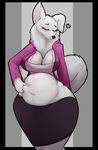  &lt;3 2018 anthro asaneman belly belly_grab belly_squish big_belly biped blush breasts canine clothed clothing deep_navel digital_media_(artwork) dog female fur mammal midriff ms_fluff navel samoyed skirt slightly_chubby solo thick_thighs voluptuous white_fur wide_hips 