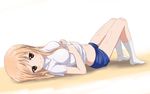  blue_shorts breasts brown_eyes brown_hair doma_umaru gym_uniform hands_on_own_chest himouto!_umaru-chan kneehighs legs_up long_hair looking_at_viewer lying navel on_back shirt shirt_lift short_shorts shorts simple_background smile solo trg-_(sain) white_background white_legwear white_shirt 