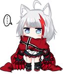  1girl admiral_graf_spee_(azur_lane) ahoge animal_ears azur_lane bailingxiao_jiu bangs black_dress black_footwear black_legwear blue_eyes blush blush_stickers boots cat_ears chibi claws covered_mouth dress eyebrows_visible_through_hair flag_print frilled_dress frills full_body heart heart-shaped_pupils kemonomimi_mode kneehighs looking_at_viewer multicolored_hair print_scarf red_hair red_scarf scarf silver_hair simple_background solo spoken_ellipsis standing streaked_hair symbol-shaped_pupils tail white_background 