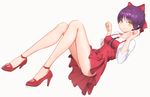  artist_name ass bangs blush bow breasts dress eyebrows_visible_through_hair floating full_body gegege_no_kitarou gem hair_bow high_heels kz_ripo legs long_legs looking_at_viewer medium_breasts nekomusume nekomusume_(gegege_no_kitarou_6) paw_pose pointy_ears purple_hair red_bow red_dress red_footwear shirt short_dress short_hair simple_background slit_pupils smile solo white_shirt yellow_eyes 