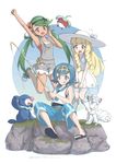  :d :o :q akatsuki_no_akatsuki alolan_form alolan_vulpix arm_up bangs bare_shoulders blonde_hair blue_eyes blue_hair blue_sailor_collar blush bounsweet braid capri_pants dress fishing fishing_rod flower flying_sweatdrops gen_7_pokemon green_eyes green_hair hair_flower hair_ornament hairband hat highres jumping leaning_forward lillie_(pokemon) long_hair mao_(pokemon) multiple_girls open_mouth overalls pants pokemon pokemon_(anime) pokemon_(creature) pokemon_sm_(anime) rock sailor_collar sitting sleeveless slippers smile standing suiren_(pokemon) sun_hat swept_bangs swimsuit swimsuit_under_clothes tongue tongue_out twin_braids vulpix white_dress white_hat 