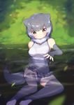  animal_ears arare_mochiko blush breasts commentary_request covered_navel elbow_gloves fingerless_gloves fur_collar gloves grey_gloves grey_hair grey_legwear highres kemono_friends looking_at_viewer medium_breasts multicolored_hair one-piece_swimsuit otter_ears otter_tail outdoors partially_submerged short_hair skirt small-clawed_otter_(kemono_friends) solo swimsuit tail thighhighs two-tone_hair water wet white_hair 