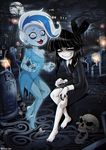  2girls black_dress black_hair creepy_susie dress duo feet ghost gothic graveyard multiple_girls open_mouth phantasma_(scooby-doo) scooby-doo scooby-doo_and_the_ghoul_school shadman short_hair sitting smile the_oblongs tombstone two-tone_hair white_eyes white_hair 