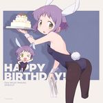  &gt;_o animal_ears ass bare_shoulders black_legwear blush breasts bunny_ears bunnysuit character_name chibi chibi_inset dated detached_sleeves eyebrows_visible_through_hair fake_animal_ears fake_tail happy_birthday highres holding holding_tray idolmaster idolmaster_million_live! looking_at_viewer makabe_mizuki okayparium one_eye_closed open_mouth oversized_breast_cup oversized_clothes pantyhose parted_lips purple_hair short_hair sideboob small_breasts smile solo tail tray wrist_cuffs yellow_eyes 