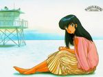  80s barefoot beach black_hair copyright_name day dress long_hair looking_at_viewer maison_ikkoku official_art oldschool otonashi_kyouko outdoors sand scan sitting solo takahashi_rumiko tan 