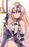  armor black_gloves blonde_hair blue_eyes closed_mouth fate/apocrypha fate/grand_order fate_(series) flag gloves gradient gradient_background grey_background headpiece jeanne_d'arc_(fate) jeanne_d'arc_(fate)_(all) lee_seok_ho long_hair looking_at_viewer signature sitting smile solo 