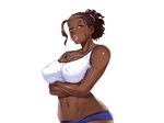  1girl breasts curvy dark_skin earrings female jewelry large_breasts looking_at_viewer nasu_trisha nipples oh_yes!_kasshoku_bitch_hitozuma_no_seiyoku_kaishou oohara_kyuutarou ring shiny_skin short_ponytail smile solo sports_bra 