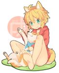  2018 animal_ears bare_legs barefoot blonde_hair collar commentary_request dog dog_collar dog_ears dog_girl dog_tail feet green_eyes holding_paw hood hoodie lying on_back original panties playing red_hoodie roke scarf sitting smile soles tail underwear white_panties 