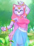  2018 anthro around_the_world_with_willy_fog big_breasts blue_eyes breasts cat clothing damn_lasso_tool ear_piercing feline female fur jewelry mammal navel nipple_bulge panther piercing princess_romy purple_fur solo standing translucent transparent_clothing 
