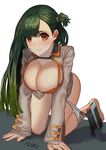  artist_name blush breasts cleavage commentary_request dinergate_(girls_frontline) g28_(girls_frontline) girls_frontline green_hair highres large_breasts long_hair looking_at_viewer orange_eyes panties panties_around_one_leg smile solo turi1230 underwear 