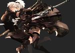  1girl black_dress blue_eyes boots dress hairband juliet_sleeves leotard long_sleeves mole mole_under_mouth nier_(series) nier_automata puffy_sleeves pvc_parfait smile sword thigh_boots thighhighs weapon white_hair yorha_no._2_type_b yorha_no._9_type_s 