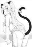  3.14 anal_tail animal_ears ass bangs bare_shoulders barefoot bell bra breasts butt_plug cat_ears cat_tail earrings fake_tail from_behind garter_belt girls_frontline greyscale heart heart_earrings jewelry jingle_bell leaning_forward long_hair medium_breasts mk_23_(girls_frontline) monochrome panties solo standing tail tail_bell thighhighs underwear underwear_only 