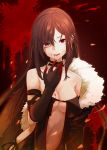  1girl bangs bare_shoulders black_dress blood blood_from_mouth bloody_hands bloody_tears breasts brown_hair center_opening choker collarbone consort_yu_(fate) dress earrings fangs fate/grand_order fate_(series) fur-trimmed_jacket fur_trim highres jacket jewelry long_hair looking_at_viewer medium_breasts multiple_earrings navel off_shoulder red_eyes revealing_clothes sidelocks solo strapless strapless_dress tearing_up very_long_hair yayilu 