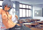  2009 ayanami_rei blue_eyes blue_hair blush breasts breasts_apart classroom evangelion:_2.0_you_can_(not)_advance highres homunculus_(artist) indoors large_breasts lips mouth_hold neon_genesis_evangelion nipples no_bra open_clothes open_shirt open_skirt rebuild_of_evangelion red_eyes school_uniform shirt short_hair skirt solo unzipped 