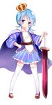  belt blue_eyes blue_hair blush cape character_request commentary_request copyright_request crown eyebrows_visible_through_hair frown full_body hair_ornament hairclip hand_on_hip highres legs_apart long_hair low_twintails nagomi_yayado shoes simple_background solo standing sword thighhighs twintails weapon white_background white_legwear 