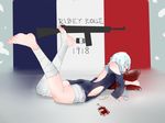  ass backless_dress backless_outfit bandaged_leg bandages bangs barefoot blood blood_bag blue_dress blue_eyes character_name choumi_wuti_(xueye_fanmang_zhong) closed_eyes commentary_request dress feet flag_background french_flag full_body girls_frontline gun hair_between_eyes highres intravenous_drip legs_up long_hair lying on_stomach pillow pillow_hug ribeyrolles_1918_(girls_frontline) short_dress shoulder_cutout side_cutout silver_hair soles solo tassel the_pose thighs very_long_hair wavy_hair weapon wide_sleeves 