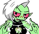  1girl breasts cleavage cum cum_string freckles green_skin lord_dominator pink_sclera side_cut silver_hair simple_background solo tongue tongue_out wander_over_yonder white_background 