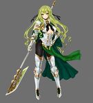  apt armor armored_boots boots breasts cape center_opening full_body gauntlets gloves green_eyes green_hair grey_background gyakushuu_no_fantasica highres long_hair official_art pauldrons polearm simple_background solo spear weapon 