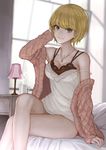  bare_legs bed black_bra blonde_hair blurry blurry_background bra breasts camisole cleavage closed_mouth commentary crossed_legs cup curtains depth_of_field feet_out_of_frame green_eyes hand_up idolmaster idolmaster_cinderella_girls indoors jacket jewelry lamp large_breasts miyamoto_frederica necklace off_shoulder on_bed open_clothes open_jacket short_hair sitting smile solo steam strap_slip underwear window yasukura_(shibu11) 
