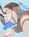  :d ak-47 antenna_hair ass assault_rifle backless_outfit bare_shoulders blue_background blue_eyes blurry blush breasts camouflage dennou_shoujo_youtuber_shiro depth_of_field eyebrows_visible_through_hair from_side grey_sweater gun helmet highres holding holding_gun holding_weapon kneehighs legs_apart medium_breasts meme_attire mtu_(orewamuzituda) multiple_views open_mouth panties rifle shiro_(dennou_shoujo_youtuber_shiro) short_hair sideboob silver_hair simple_background skirt smile standing striped striped_panties sweater underwear upskirt virtual_youtuber weapon white_legwear 