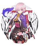  animal dog eyes_visible_through_hair fate/grand_order fate_(series) floral_print flower fou_(fate/grand_order) hair_flower hair_ornament hair_over_one_eye highres holding holding_animal japanese_clothes kimono looking_at_viewer mash_kyrielight obi pink_hair purple_eyes sash short_hair smile snow snowing torii white_flower white_legwear yukarite yukata 