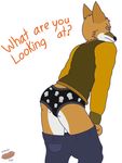  2017 annoyed anthro boxers_(clothing) butt canine clothing dialogue digital_media_(artwork) english_text felix_vulpe fox fur letterman_jacket looking_at_viewer male mammal multicolored_fur simple_background solo standing text underwear undressing white_background wiener-fag 