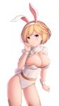  animal_ears blonde_hair blush breasts brown_eyes bunny_ears bunny_tail cementite closed_mouth djeeta_(granblue_fantasy) fake_animal_ears granblue_fantasy hairband highres large_breasts leaning_forward leotard looking_at_viewer sage_(granblue_fantasy) short_hair simple_background smile solo tail white_background white_leotard wrist_cuffs 