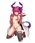  :d armor bikini bikini_armor black_legwear blue_eyes blush breasts breasts_apart cape cementite clenched_hands elizabeth_bathory_(brave)_(fate) elizabeth_bathory_(fate)_(all) eyebrows_visible_through_hair fang fate/grand_order fate_(series) full_body gloves hair_between_eyes highres horns kneeling long_hair looking_at_viewer open_mouth pink_hair pointy_ears red_bikini silver_trim simple_background small_breasts smile solo swimsuit tail thighhighs torn_bikini white_background white_cape 