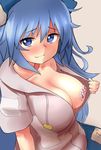  blue_bow blue_eyes blue_hair blue_skirt blush bow breasts closed_mouth hair_bow highres hood hoodie large_breasts long_hair looking_at_viewer no_bra pasties shiny_shinx simple_background skirt smile solo touhou yorigami_shion 