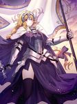  absurdres armor armored_dress bangs black_legwear blue_eyes blush braid breasts closed_mouth elbow_gloves eyebrows_visible_through_hair fate/grand_order fate_(series) flag gloves hair_between_eyes highres holding holding_sword holding_weapon jeanne_d'arc_(fate) jeanne_d'arc_(fate)_(all) kimsw0522 long_hair looking_at_viewer medium_breasts sidelocks single_braid solo sword thighhighs weapon zettai_ryouiki 