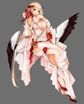  apt blonde_hair breasts cleavage feathered_wings flower food fruit full_body grey_background gyakushuu_no_fantasica highres horns large_breasts long_hair official_art open_mouth pomegranate red_eyes simple_background sitting solo wings 