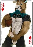  2018 abs american_football anthro antlers ball balls card cervine clothed clothing digital_media_(artwork) english_text erection fonyaa football_(ball) foreskin fur holding_object horn humanoid_penis looking_at_viewer male mammal muscular muscular_male pecs penis playing_card reindeer shirt simple_background smile solo sport standing teeth text 